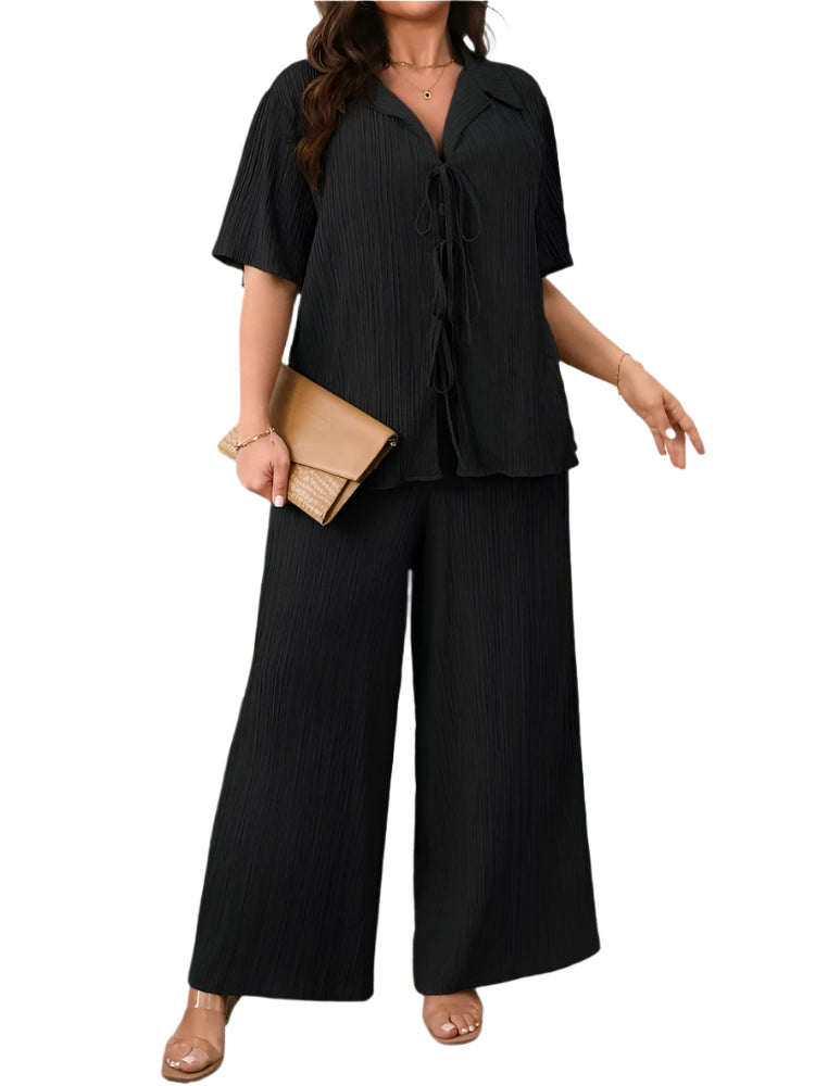 Plus Size 2PC Set - Loose Lace-Up Shirt & Wide Leg Pants Spring/Summer