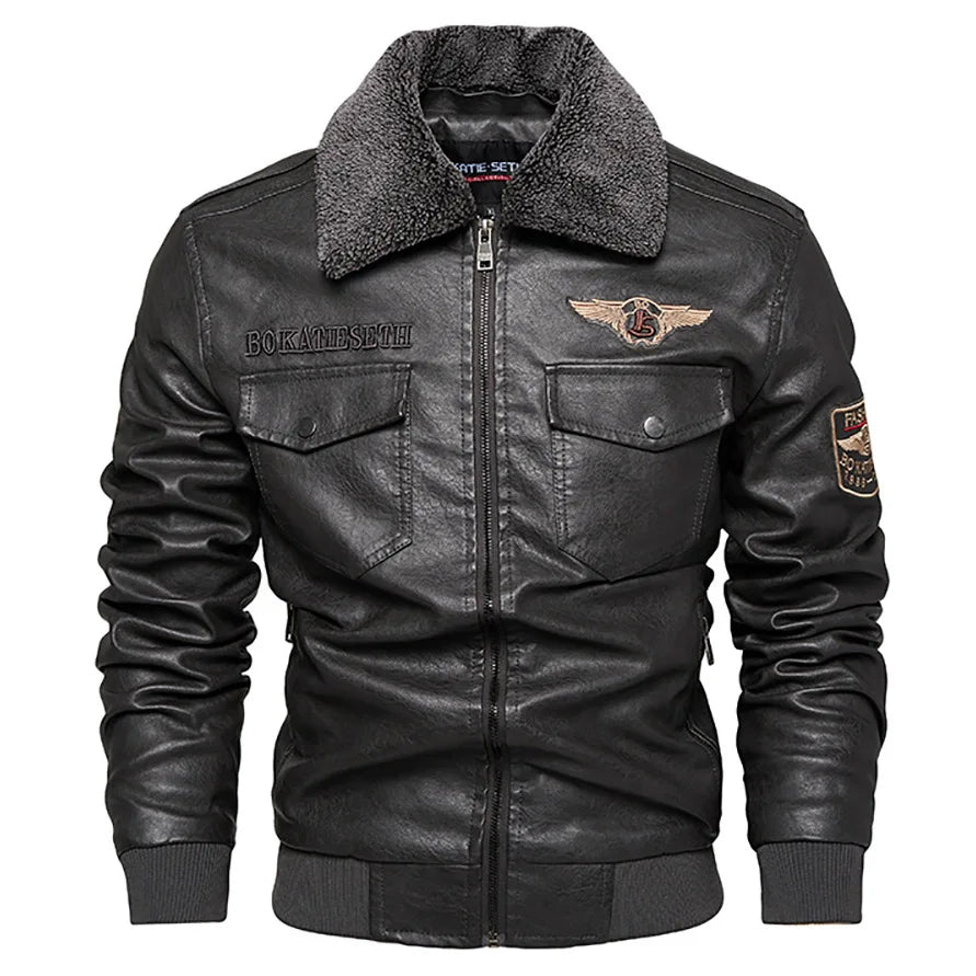 Retro Fur Collar Warm Men's Fleece Lined PU Leather Jacket Coat