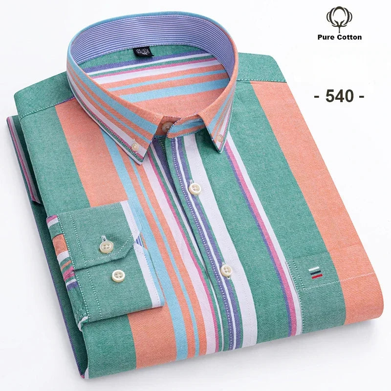 100% Cotton Oxford Men's Shirt - Plaid & Stripe Spring/Autumn Styles
