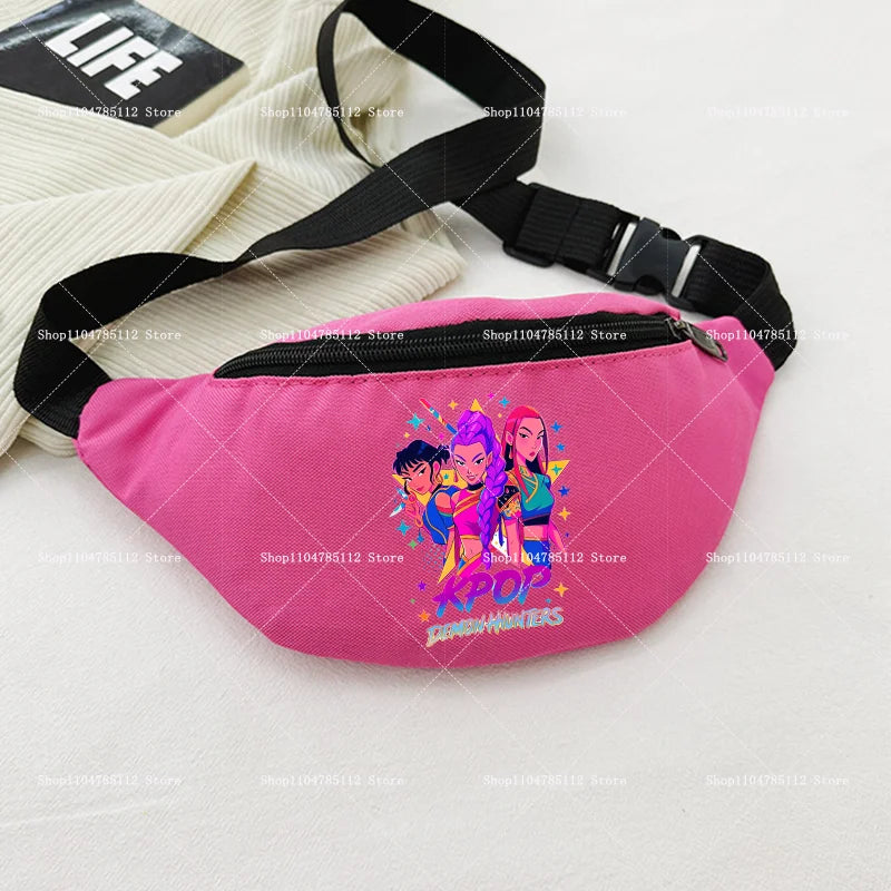 Pink waist bag with colorful design and text on a light gray background