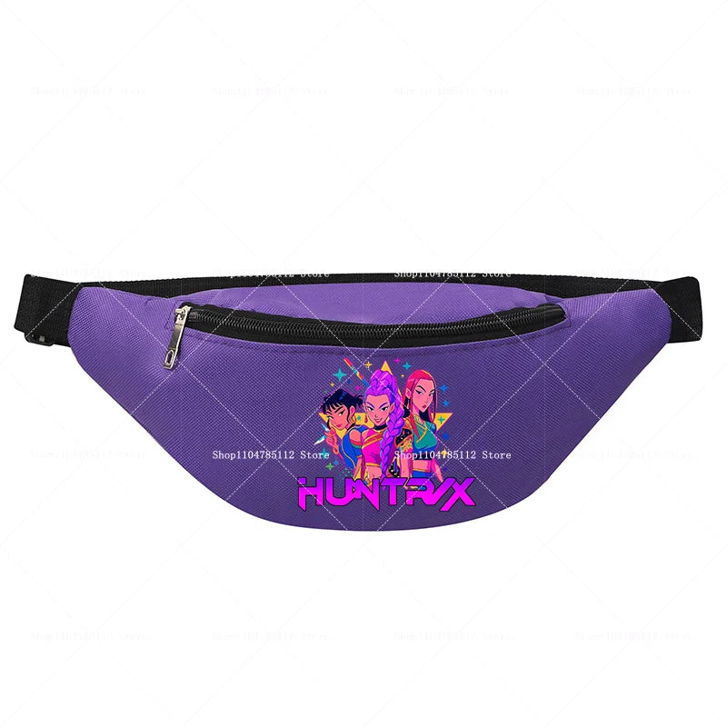 Purple fanny pack with colorful graphics and text on a white background