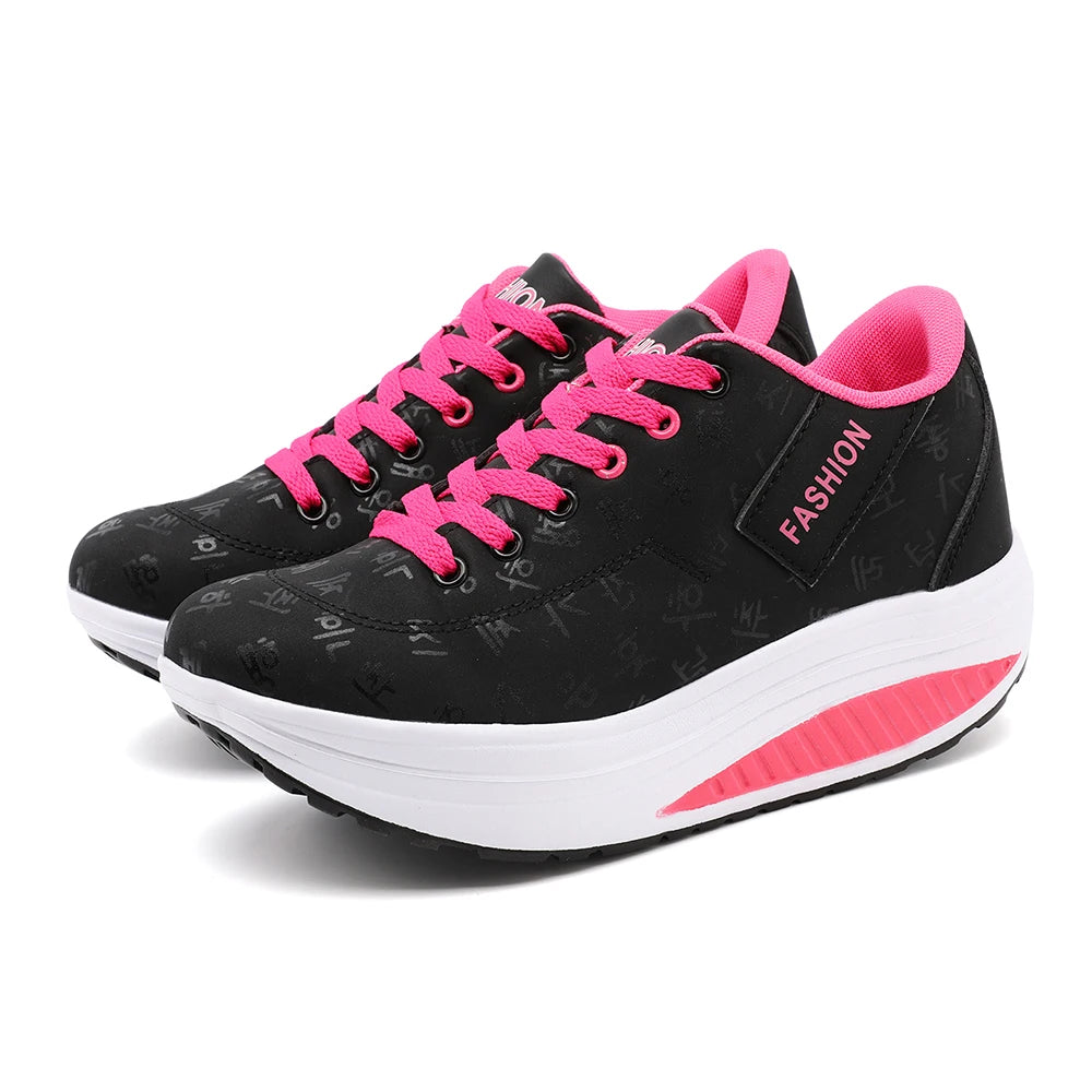 Black and pink sneakers with 'Fashion' label on a white background