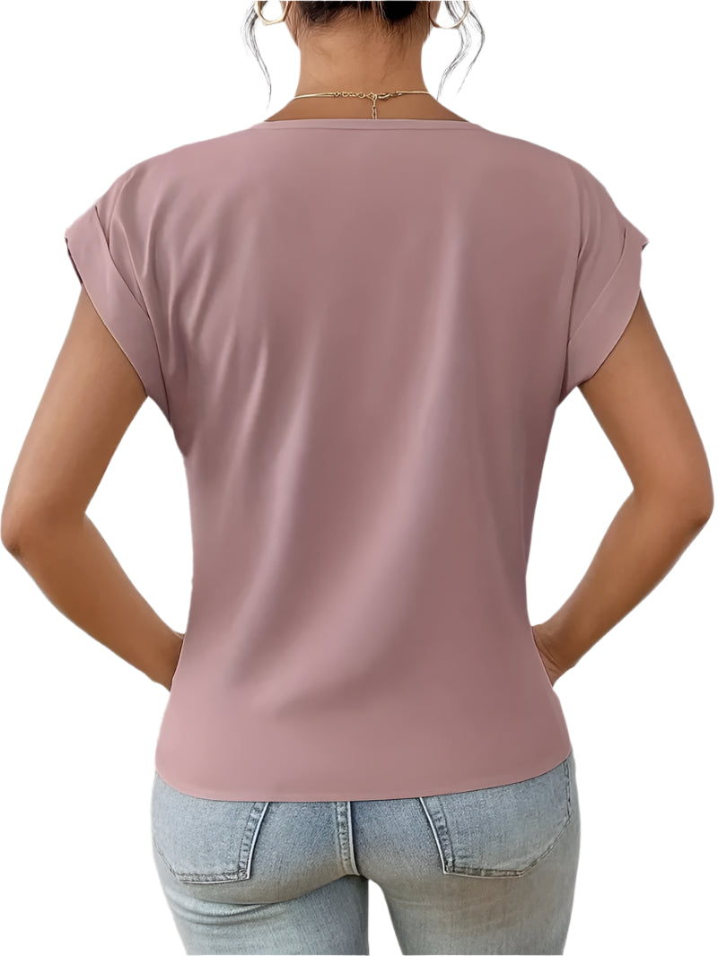Fashion Pleated Hem V-Neck Tee – Women’s Summer Casual Office Top