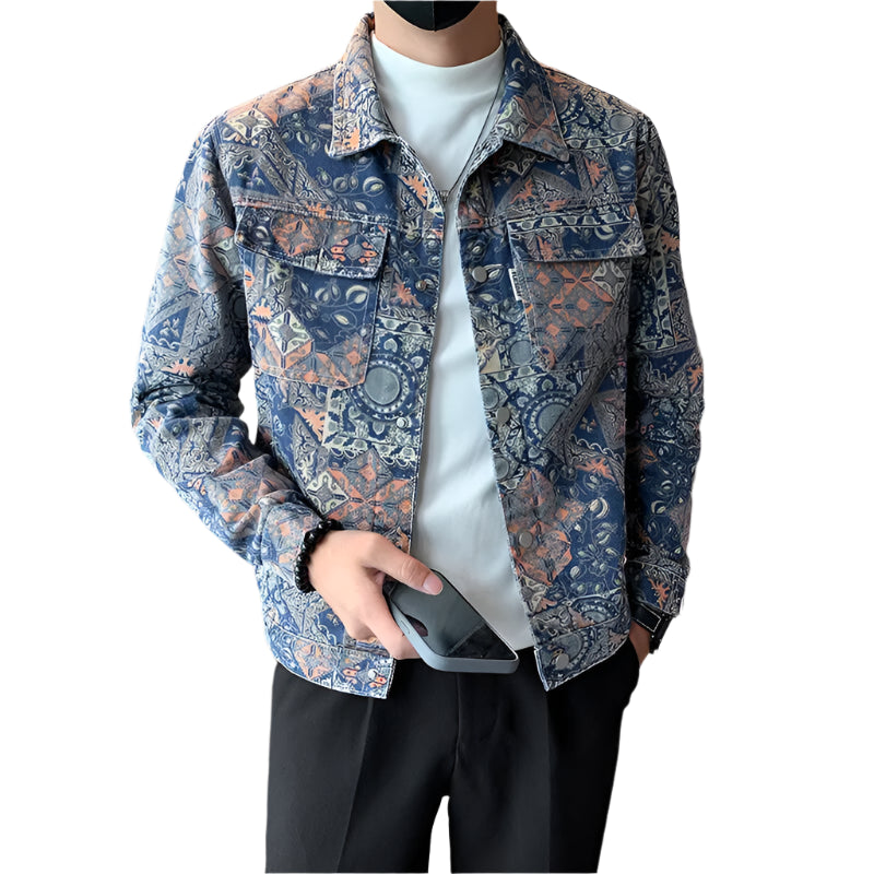 Men’s Blue Denim Jacket | Printed Trim Casual Coat M–4XL Sizes