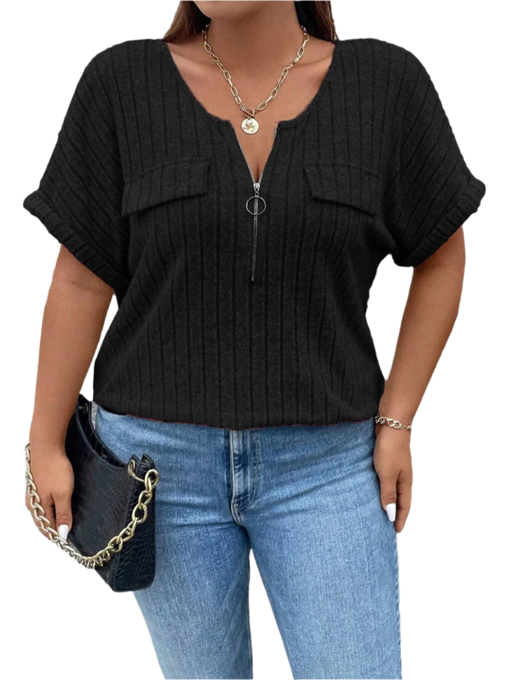 Women's Plus Size O-Ring Zip Front T-Shirt: Summer Rib Knit Top
