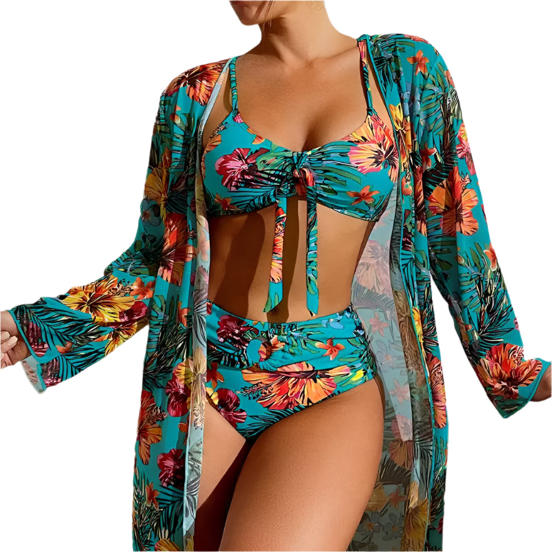 Women's 3PC Floral Swimsuit - LS Blouse, Wireless Bra & High Waist