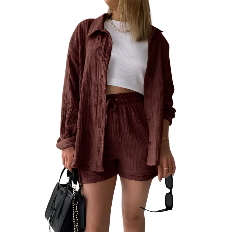 Women's Casual Shirt & Shorts Suit - Full Sleeve Spring/Summer Set