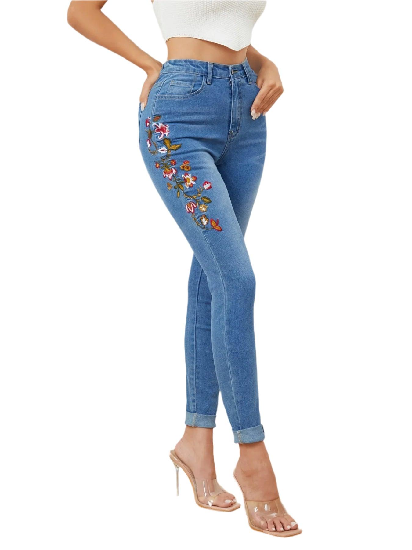 High Waist Embroidered Skinny Jeans | Stretch Denim Pencil Pants Women