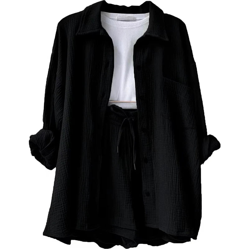 Women's Casual Shirt & Shorts Suit - Full Sleeve Spring/Summer Set