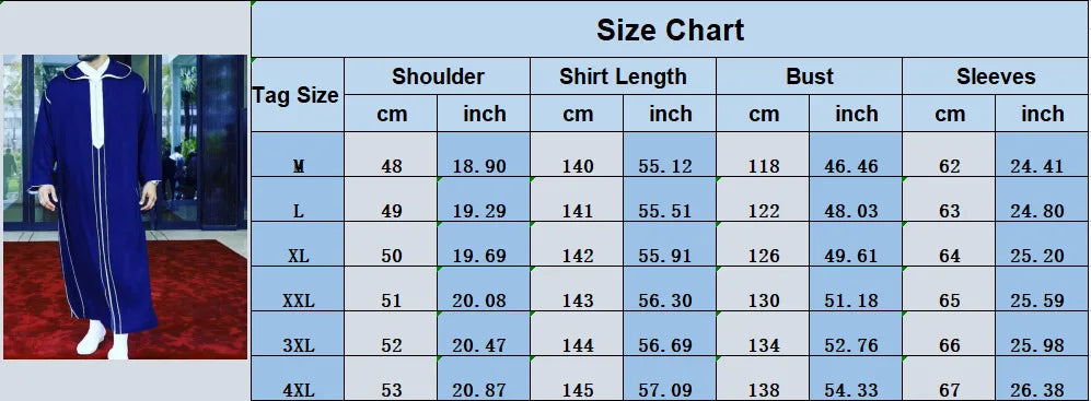 Size chart for a garment with measurements in centimeters and inches.
