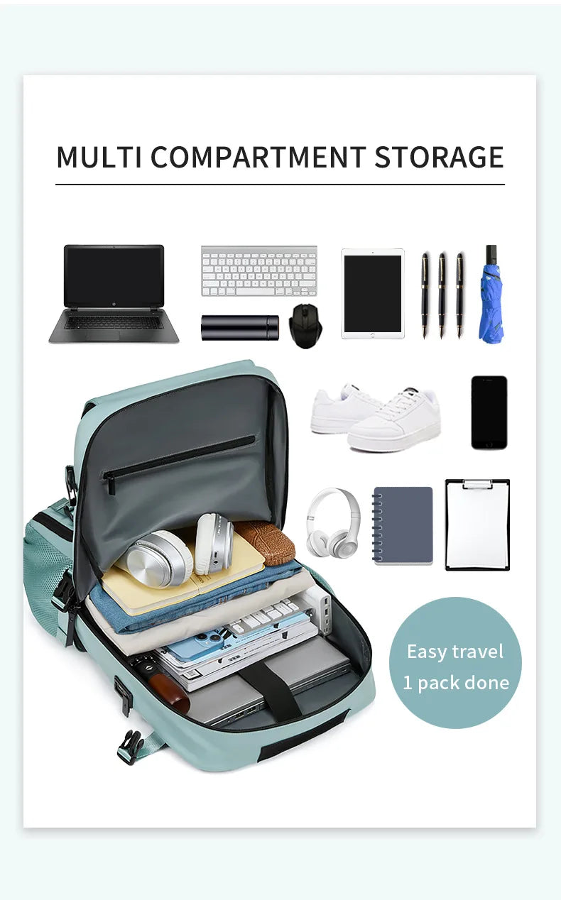 Large Travel Backpack: USB Charging, Waterproof, Shoe Compartment