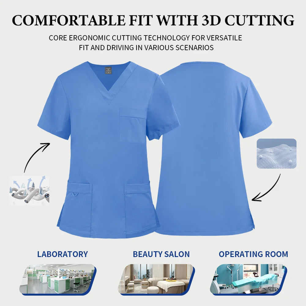 Unisex Medical Scrubs Set: Short Sleeve V-Neck Top & Pants Workwear