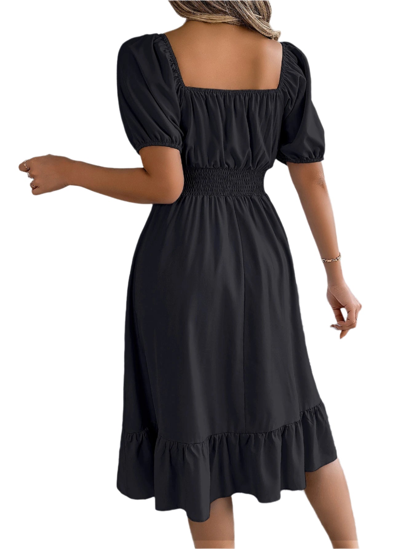 Elegant Square Neck Ruffled Dress – Spring Summer High Waist