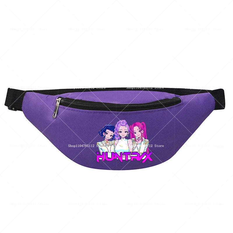 Purple fanny pack with cartoon characters and 'Funtax' branding on a white background