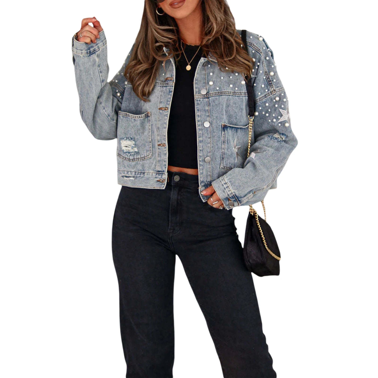 Women's Fall Denim Jacket - Star Print Back Long Sleeve Turn-Down Collar