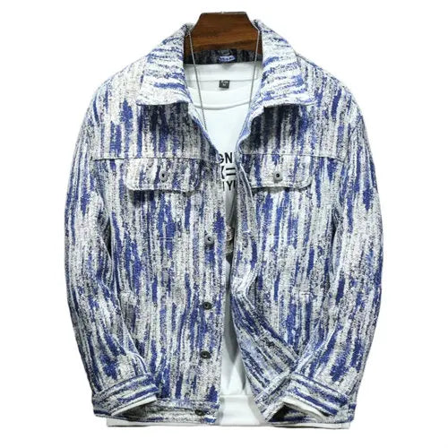 Blue and white patterned jacket on a white background