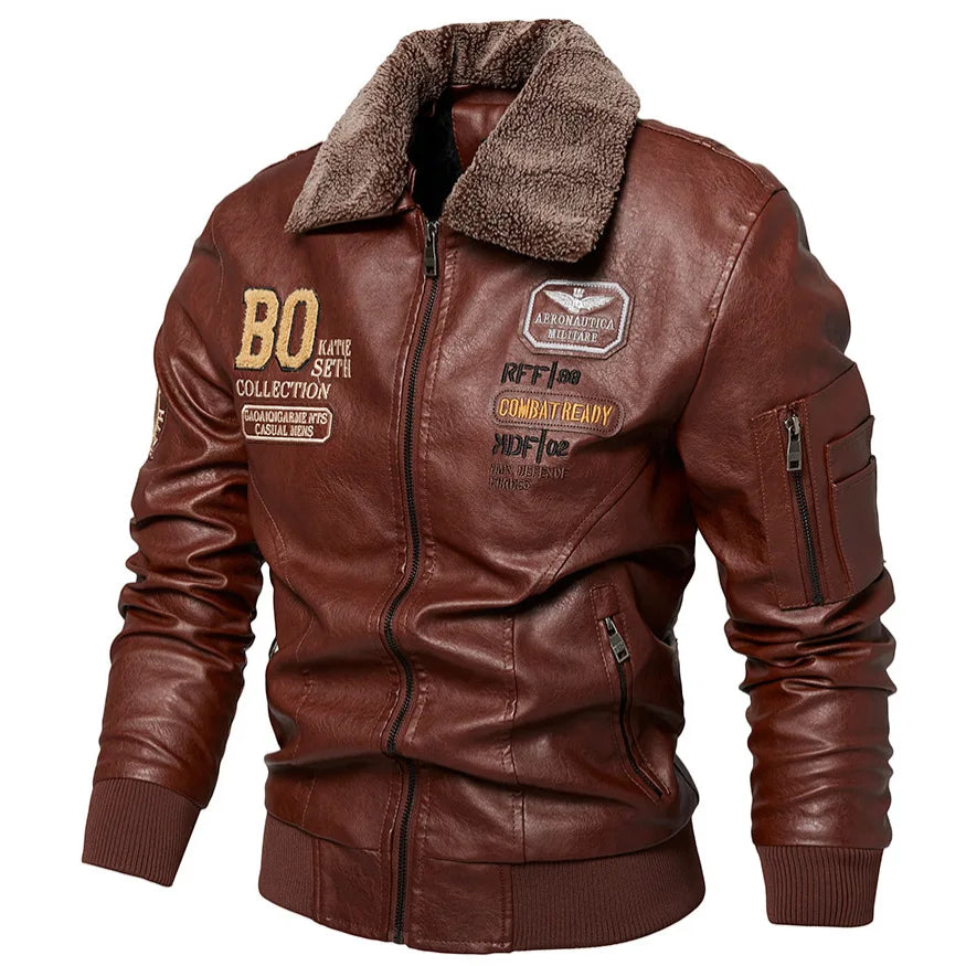 Men's Leather Bomber Jacket: Slim Fit Fur Collar Warm Pilot Coat