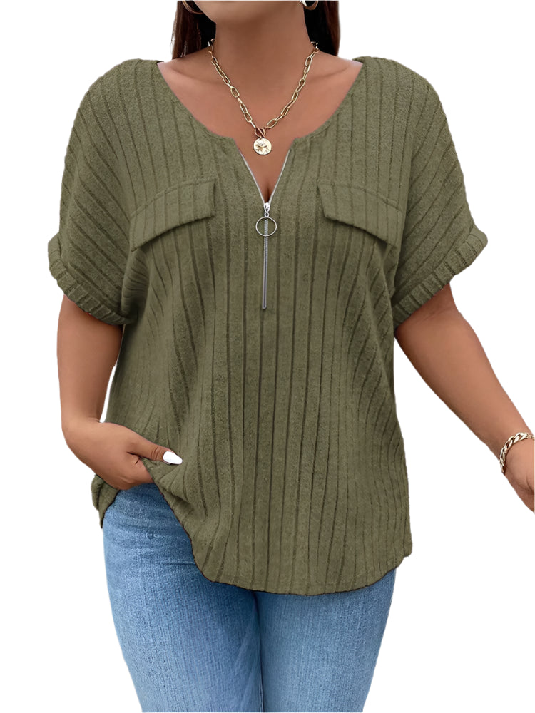 Women's Plus Size O-Ring Zip Front T-Shirt: Summer Rib Knit Top