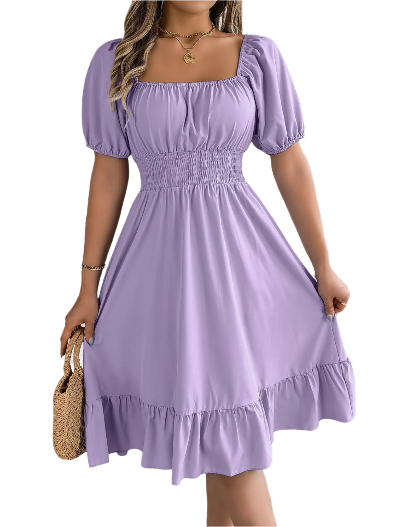 Elegant Square Neck Ruffled Dress – Spring Summer High Waist