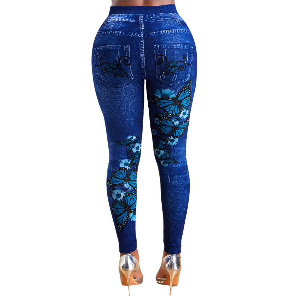 Plus Size High Waist Jeggings – Stretchy Denim-Look Print Leggings