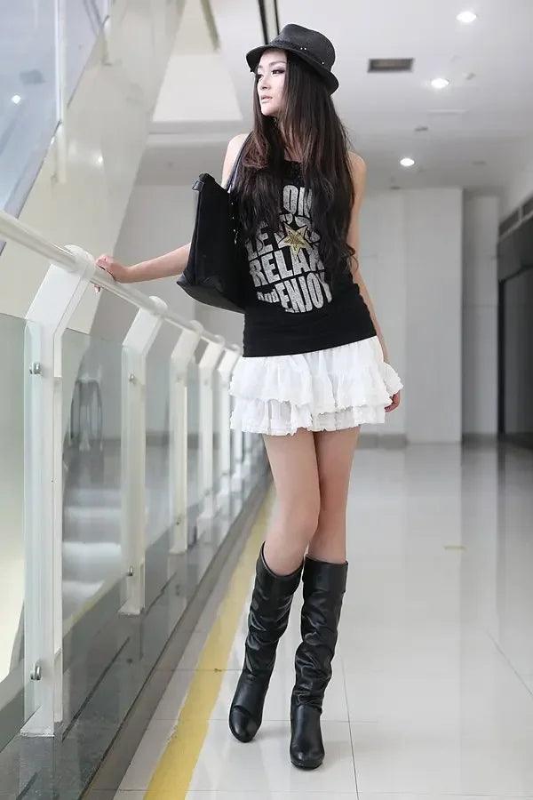 High-top Long Black White Fashionable Autumn/winter Martial Women's Boots - JVMCL