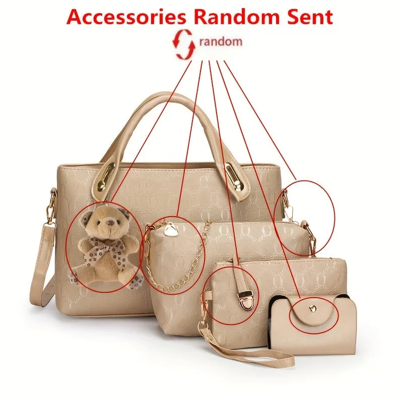 4PCS Geometric Tote Bag Set - Handbag, Crossbody, Clutch & Card