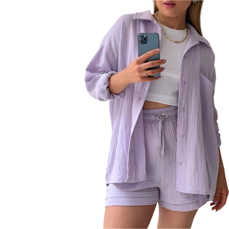 Women's Casual Shirt & Shorts Suit - Full Sleeve Spring/Summer Set