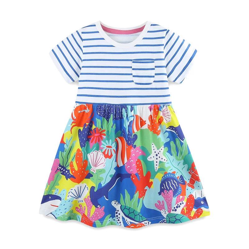 Adorable Bees Applique Striped Princess Dress – Summer Cotton Frock for Girls - JVMCL