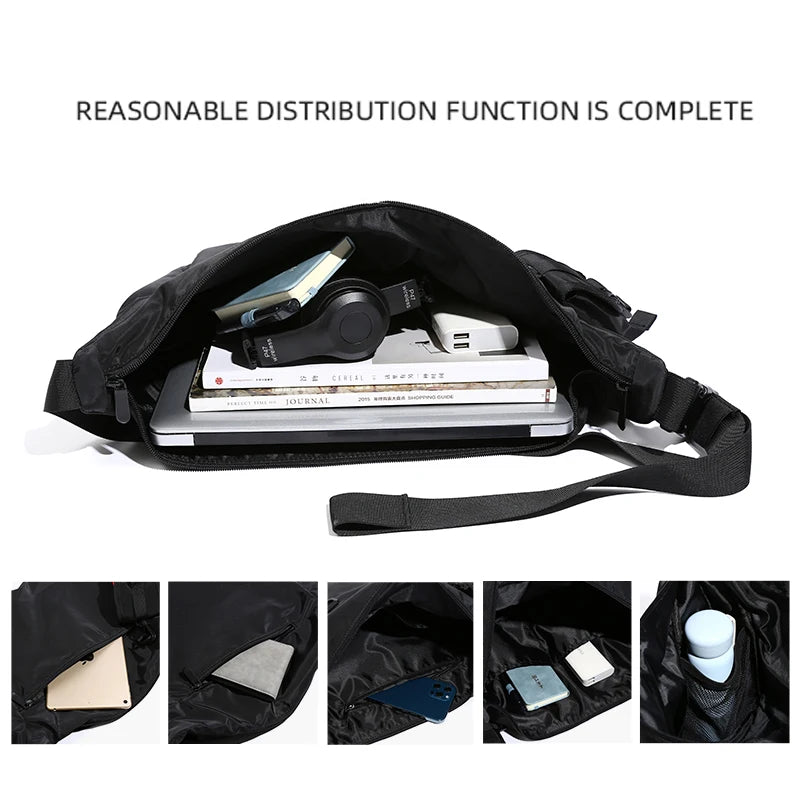 Black crossbody bag with compartments for electronic devices and books on a white background