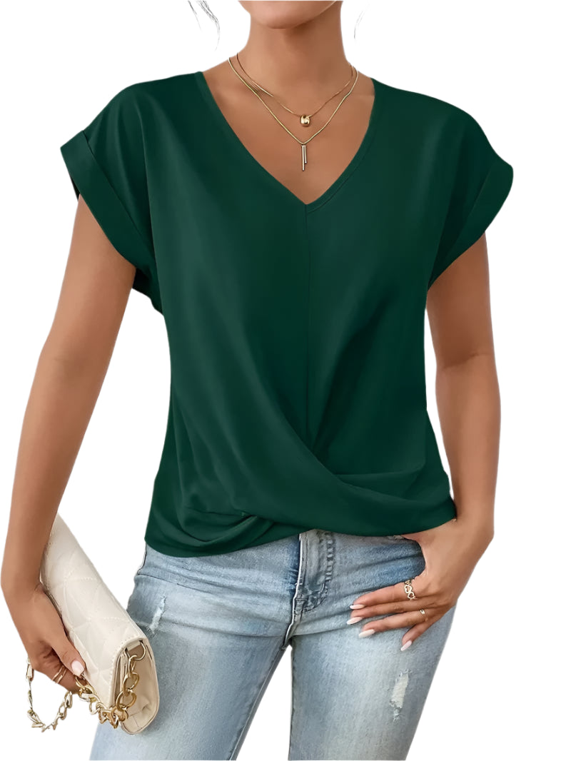 Fashion Pleated Hem V-Neck Tee – Women’s Summer Casual Office Top