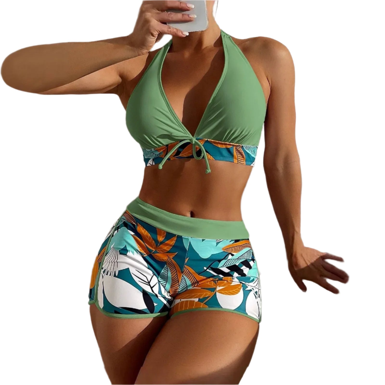 High Waist Plant Print Bikini Set – 2-Piece Swimwear for Women