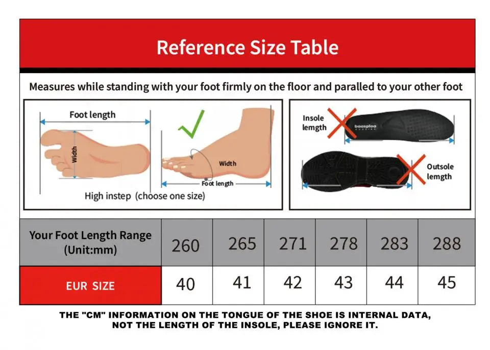 Reference size table for foot measurements with illustrations of foot length and insole length.