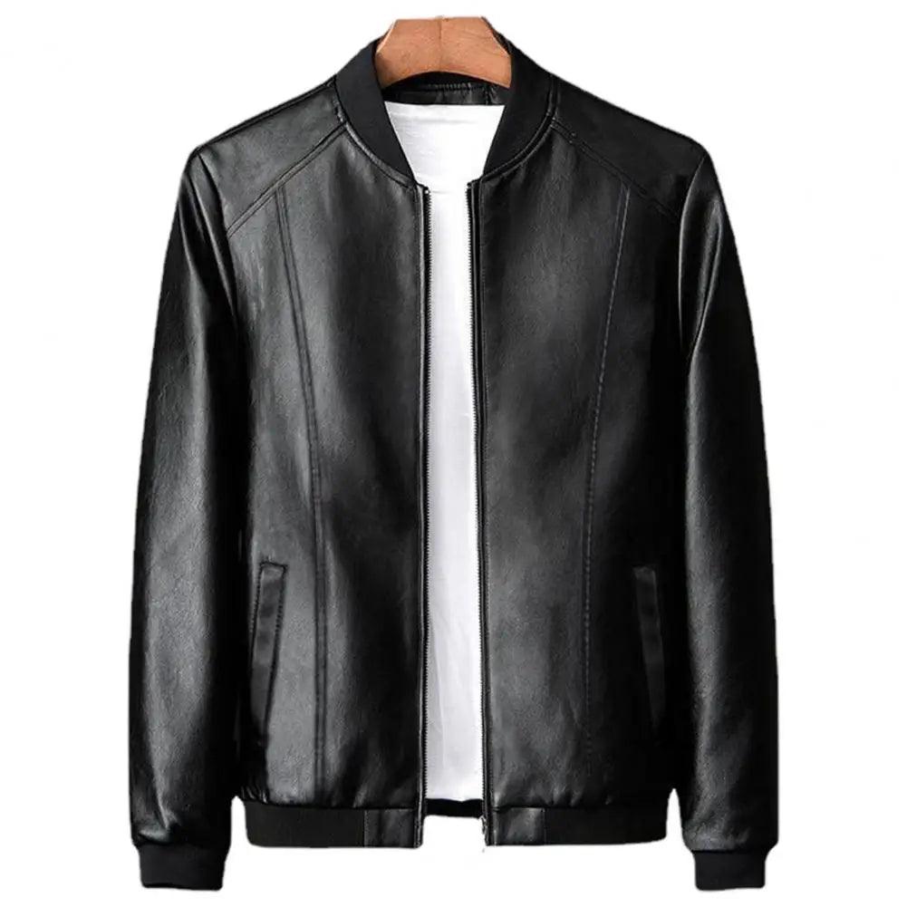 Men's Thickened Warm PU Leather Bomber Jacket - Thermal Stand-Up Collar Business Casual Outerwear - JVMCL