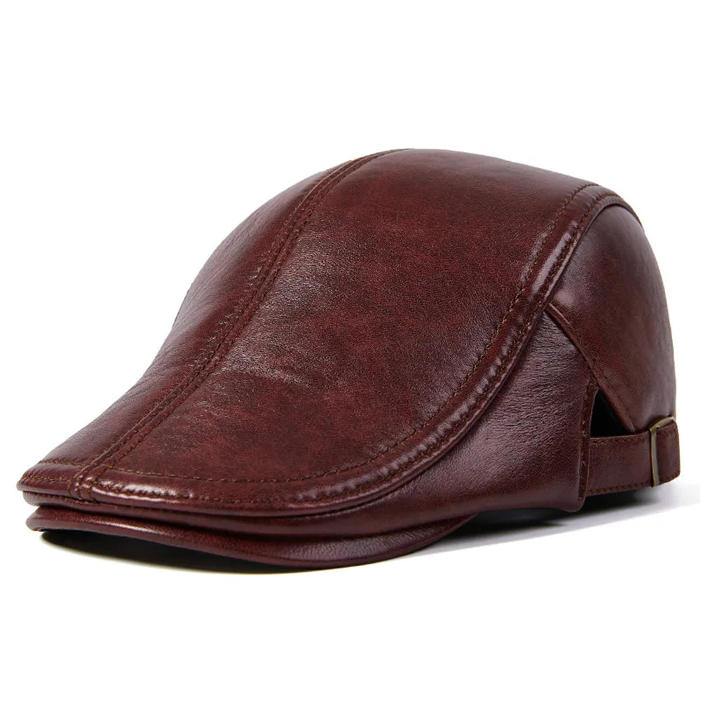 Adjustable-fit Real Leather Beret - Warm Sheepskin Flat Men's Cap