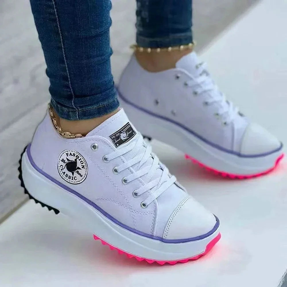 Women’s White Canvas Platform Sneakers – Casual Fashion Tennis Shoes