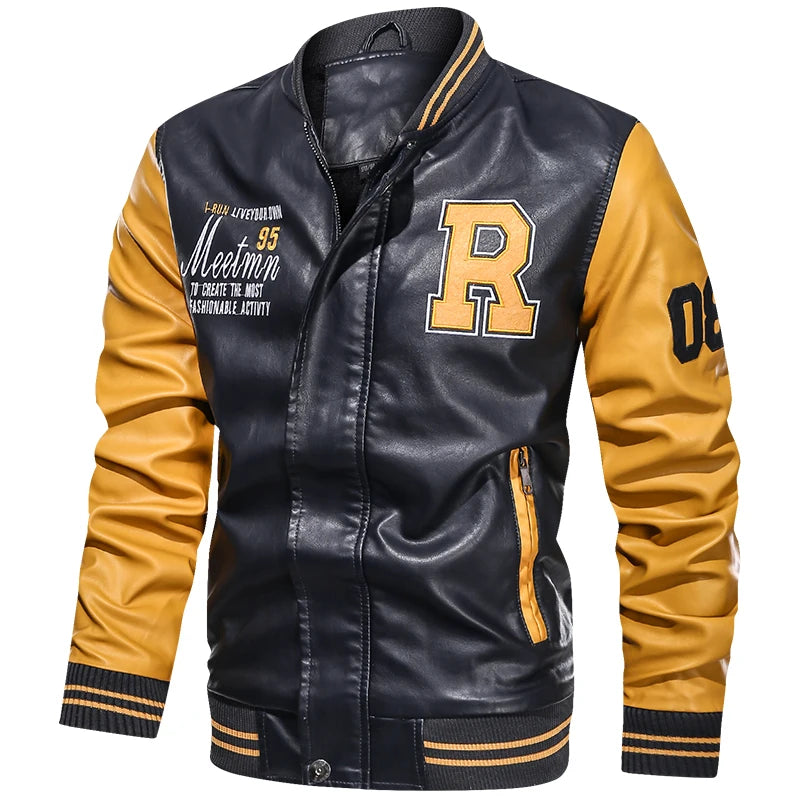 Men's Embroidered PU Leather Jacket: Fleece Lined Winter Coat