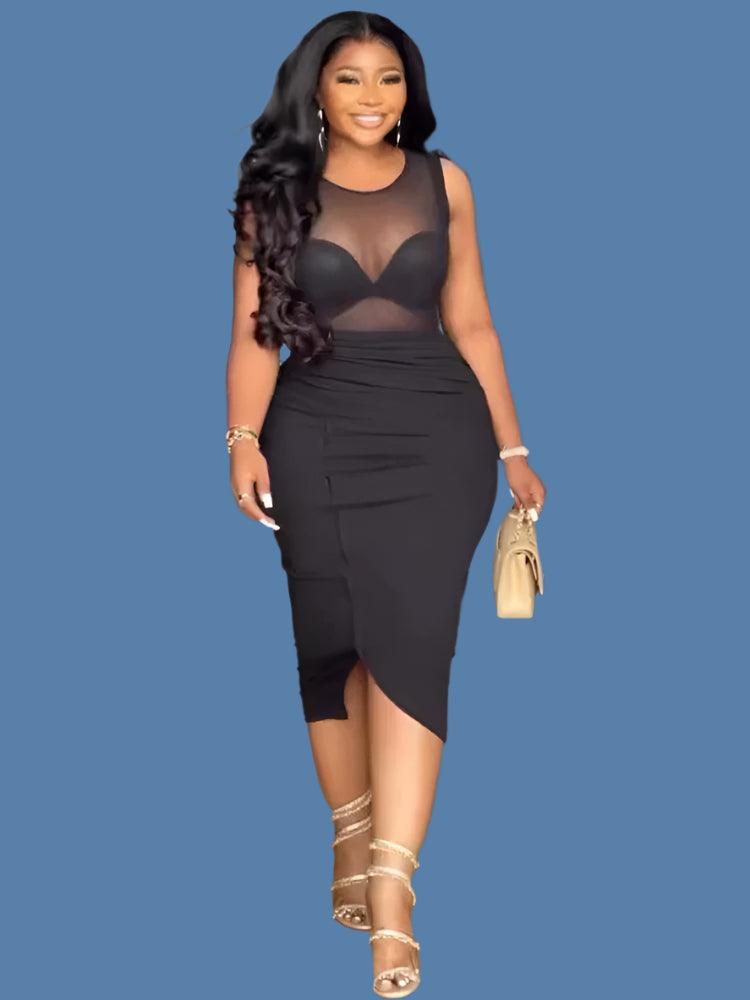 Black O-Neck Sleeveless Fashion Party Club Prom Sexy See-Through Sheath Dress