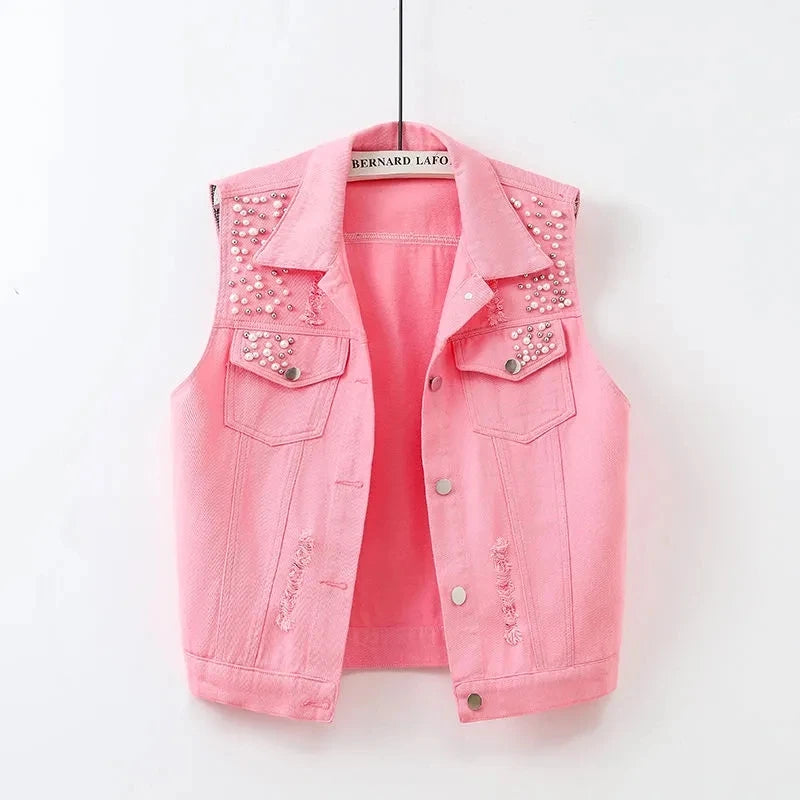 Colorful Beaded Denim Waistcoat – Women's Sleeveless Slim Fit Short Vest Jacket