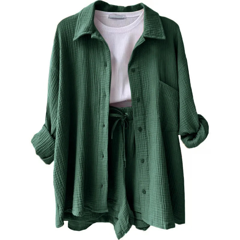 Women's Casual Shirt & Shorts Suit - Full Sleeve Spring/Summer Set