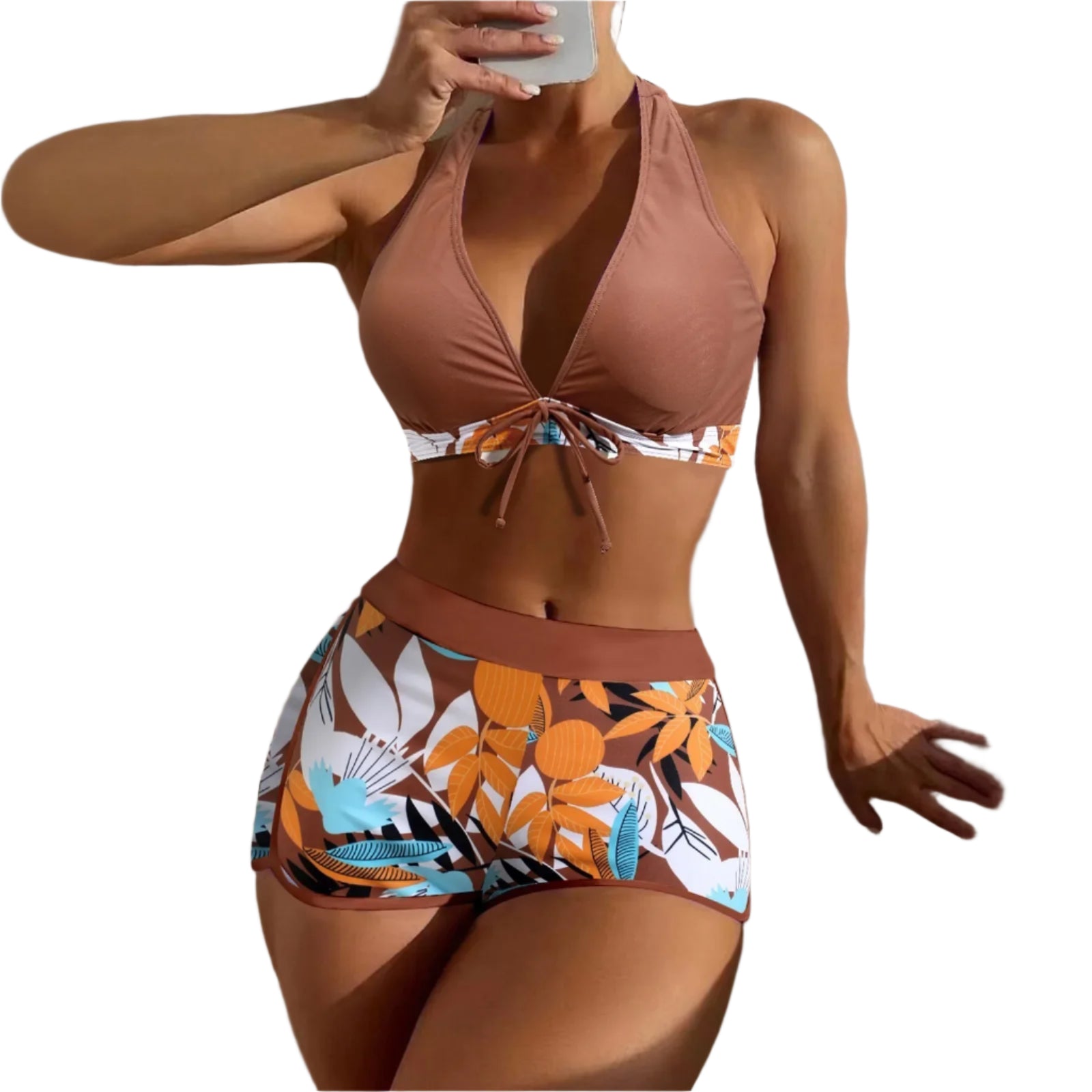 High Waist Plant Print Bikini Set – 2-Piece Swimwear for Women