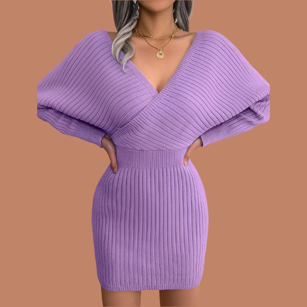 Autumn Winter V-Neck Knitted Wrap Dress – Slim Fit Mini for Casual Elegance - JVMCL