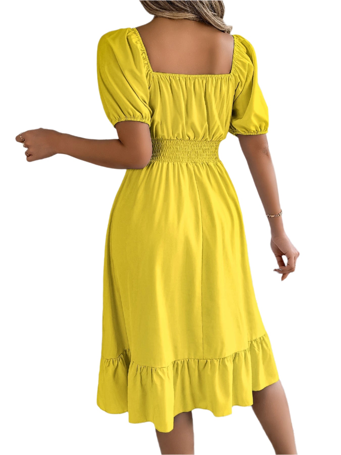 Elegant Square Neck Ruffled Dress – Spring Summer High Waist