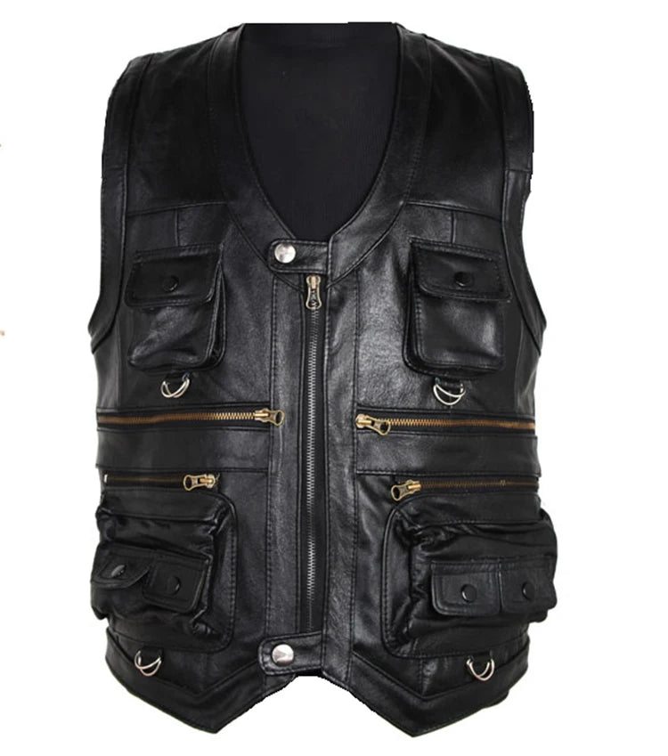 Men's Cowhide Genuine Leather Vest - Thick Motorcycle Biker Waistcoat