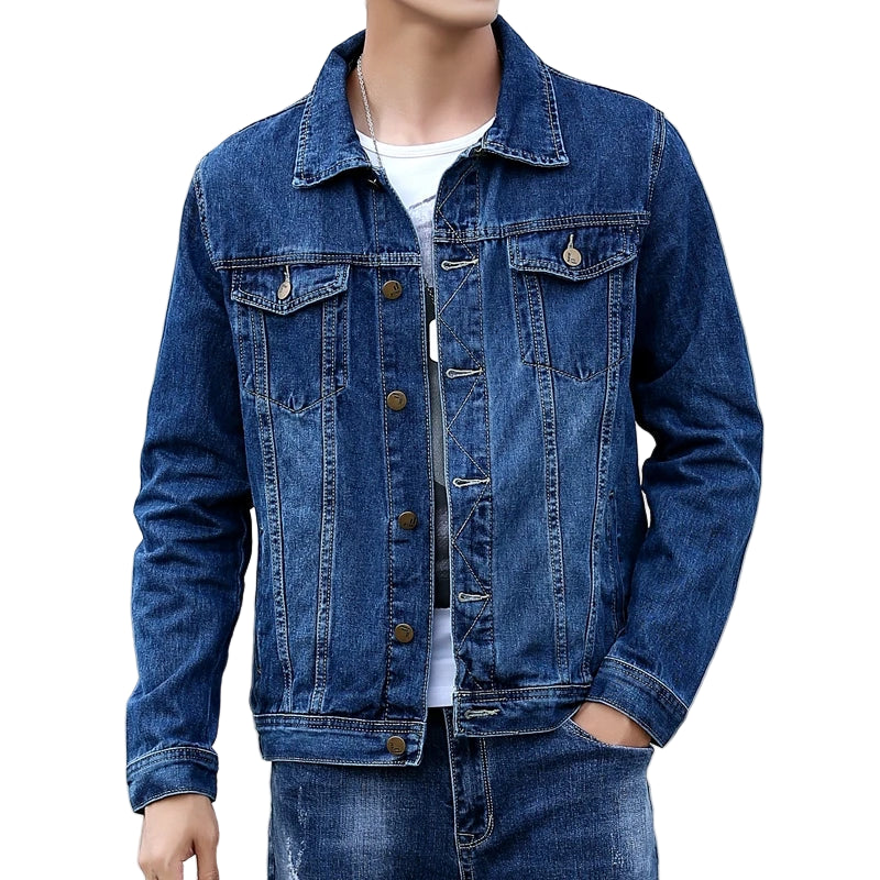 Blue denim jacket worn by a person with a blurred background