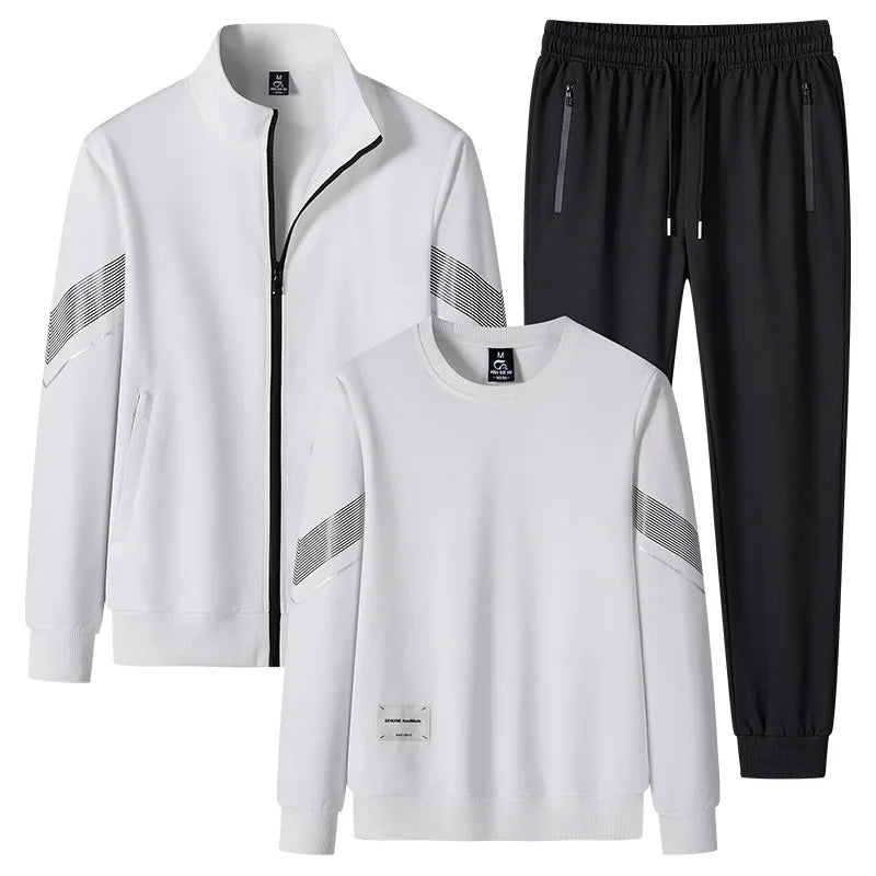 White tracksuit with black pants on a white background