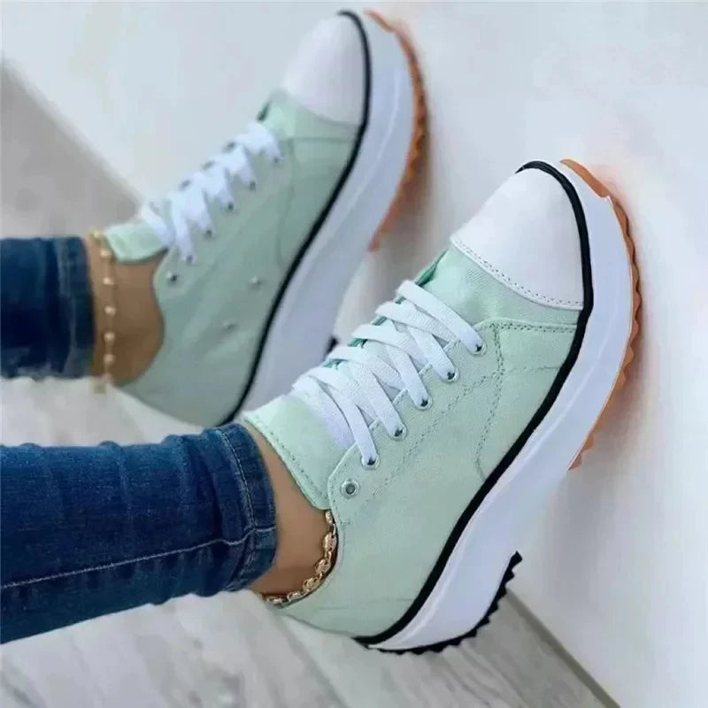 Women’s White Canvas Platform Sneakers – Casual Fashion Tennis Shoes