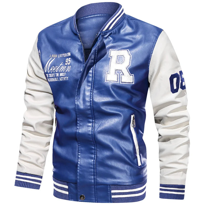 Men's Embroidered PU Leather Jacket: Fleece Lined Winter Coat