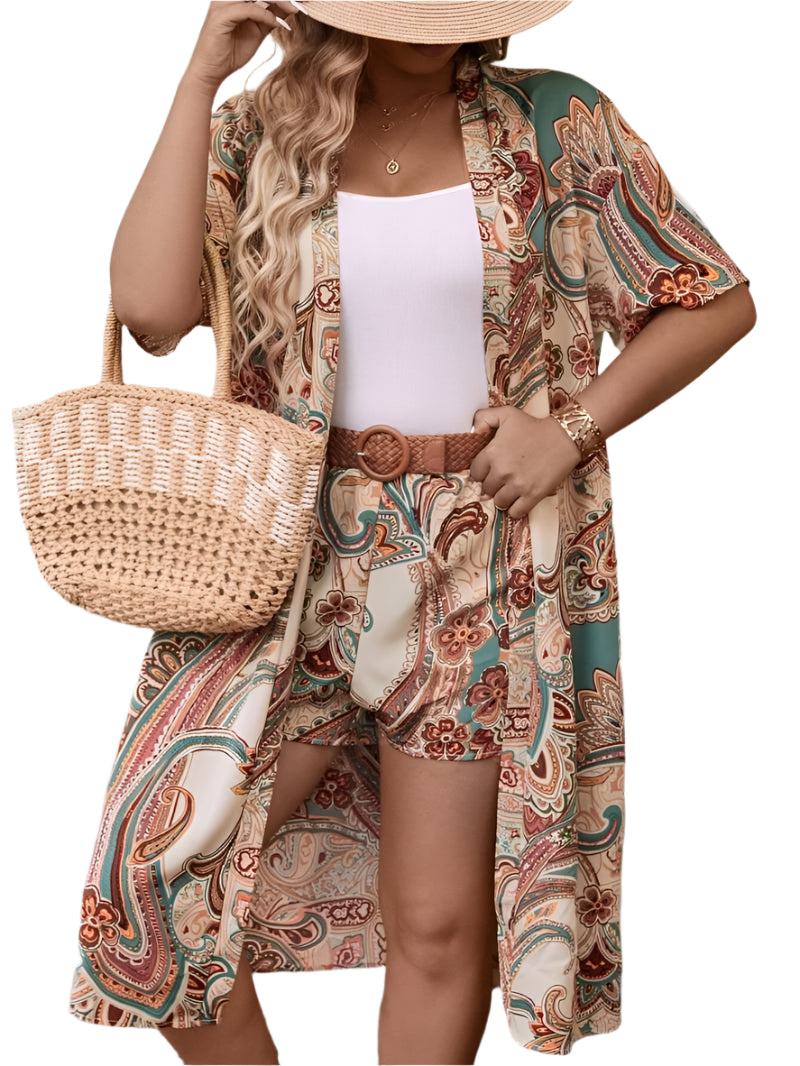 Plus Size Boho Print Kimono & Shorts Set - Summer Vacation Style