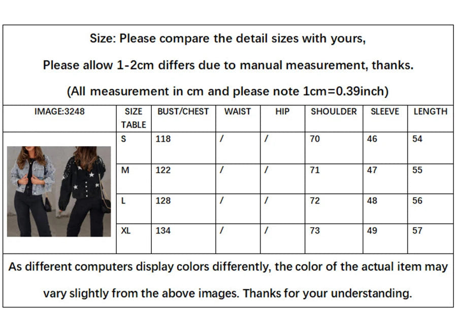Women's Fall Denim Jacket - Star Print Back Long Sleeve Turn-Down Collar Chart