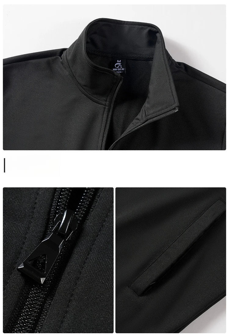 Close-up of a black jacket with a zipper and collar detail on a white background.